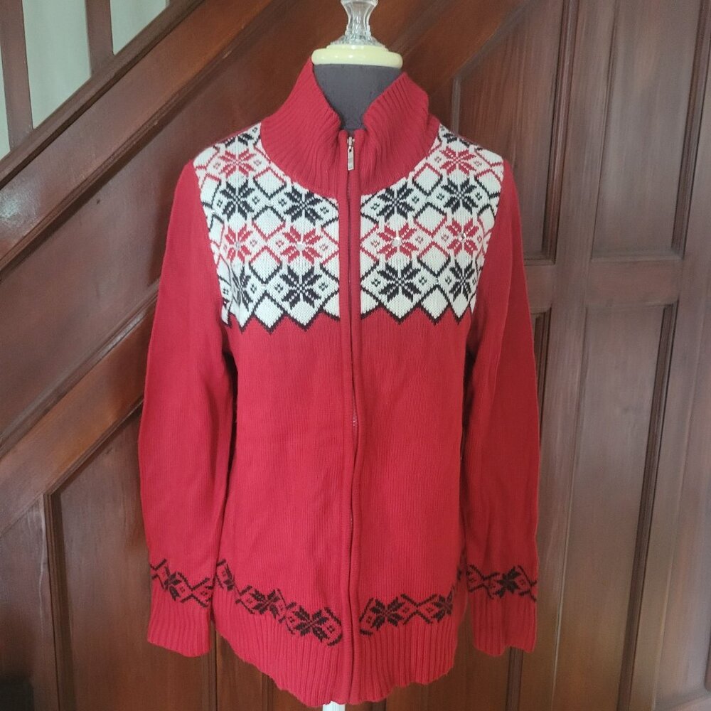 Vintage Red Winter Cardigan Sweater With Nordic Fair Isle Pattern Zippered Front